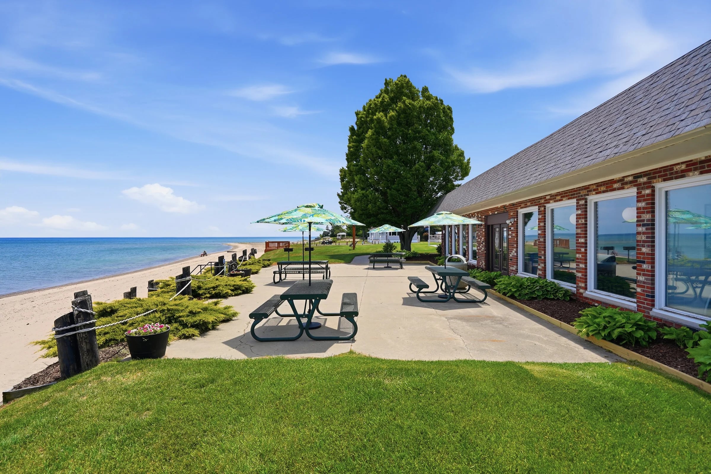 Lakefront patio outside the Huron Shores community center