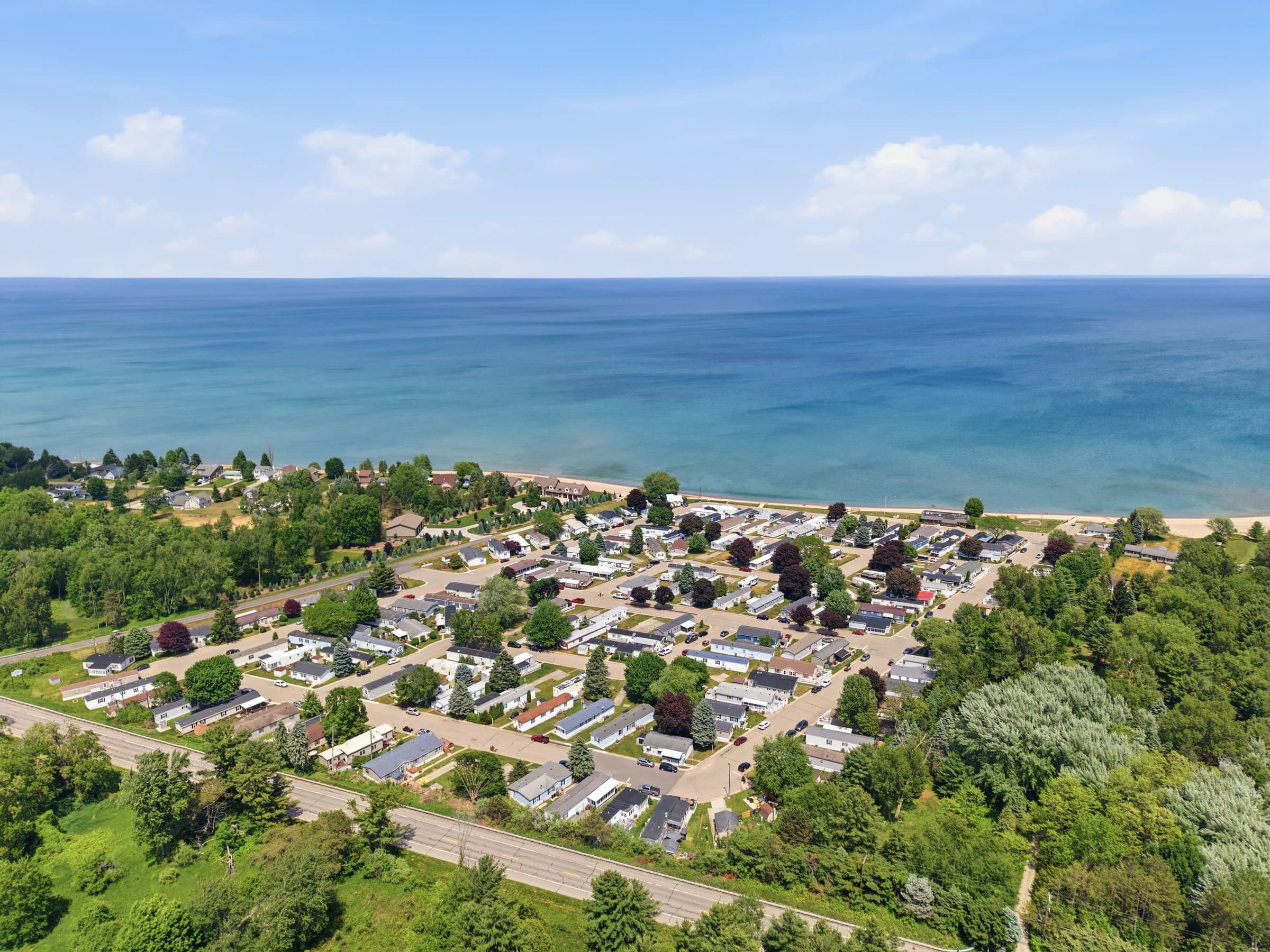 Aerial view across the Huron Shores neighborhood toward Lake Huron