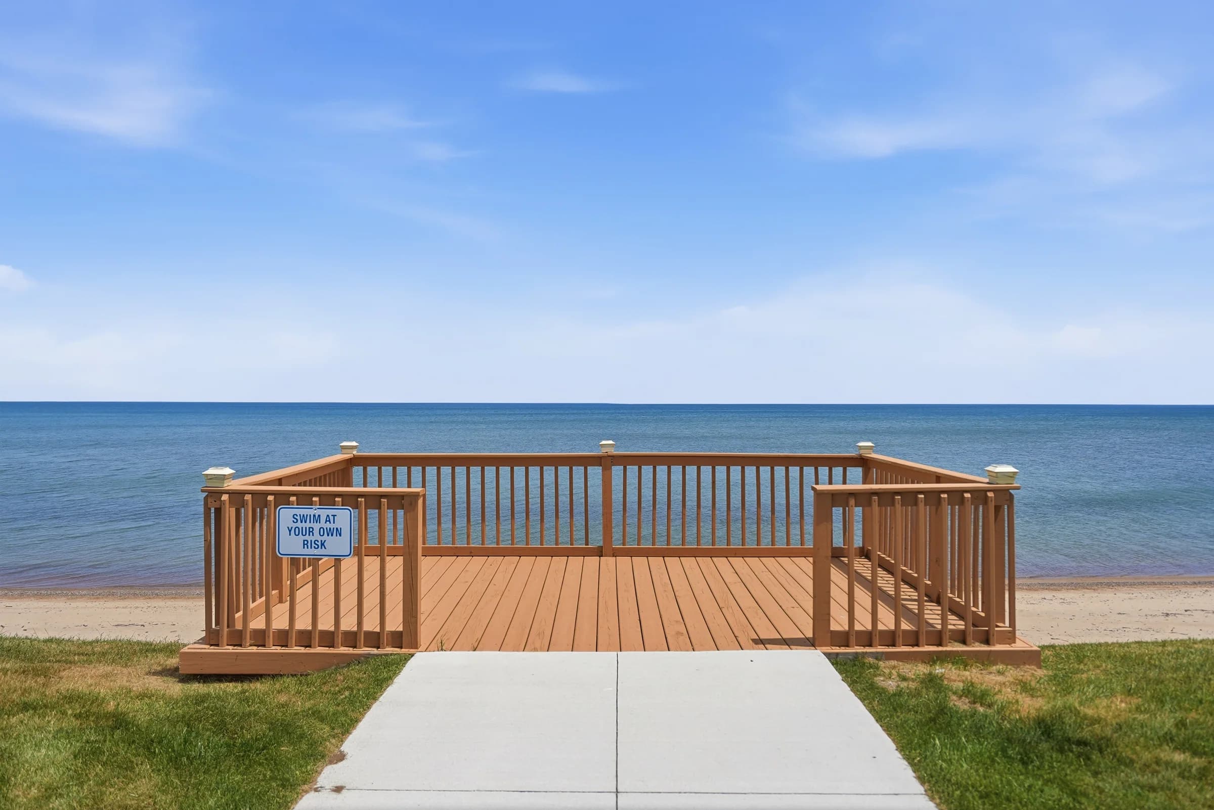 Lakefront viewing deck on the Huron Shores sandy beach