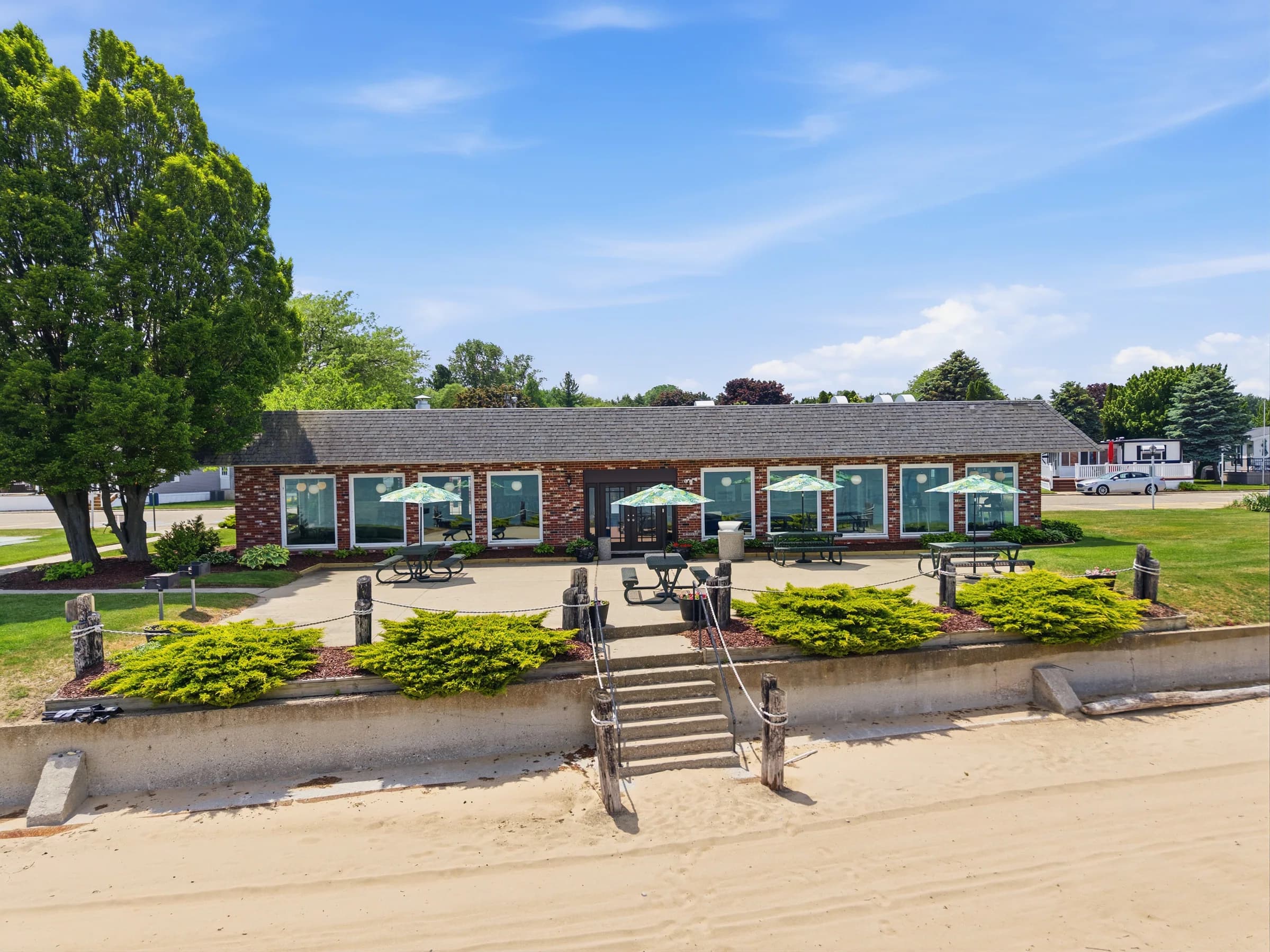 Huron Shores community center and beachfront grounds from Lake Huron