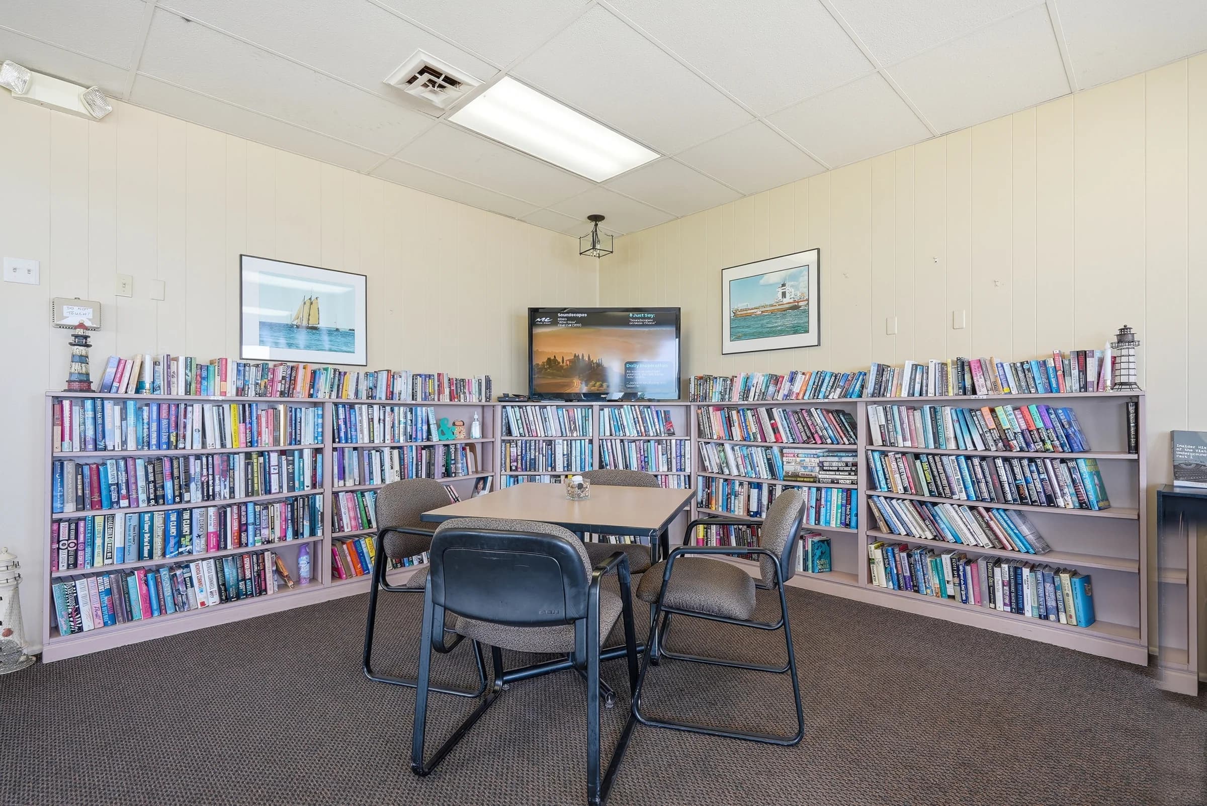 Resident library and reading area in the Huron Shores community center