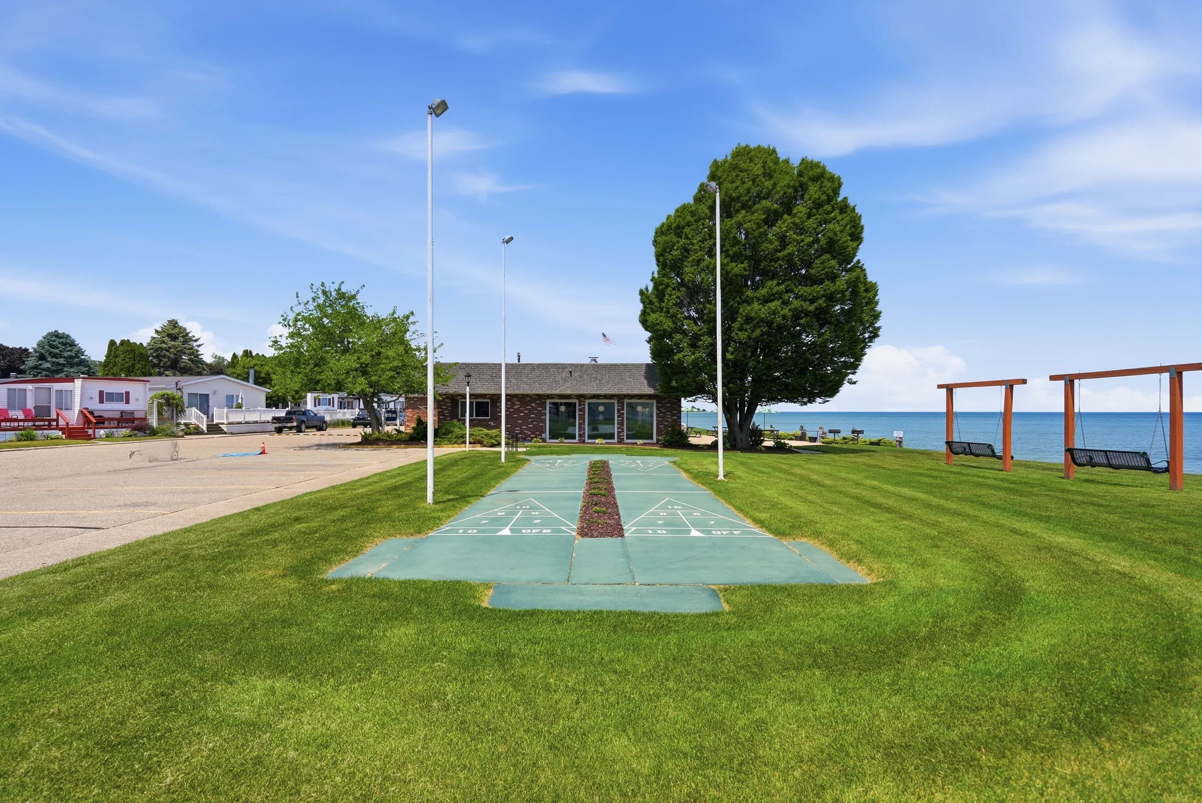 Shuffleboard courts beside Lake Huron at Huron Shores